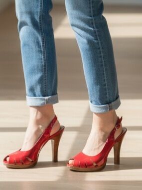 Bandolino Red Patent Peep-Toe Slingback Heels
